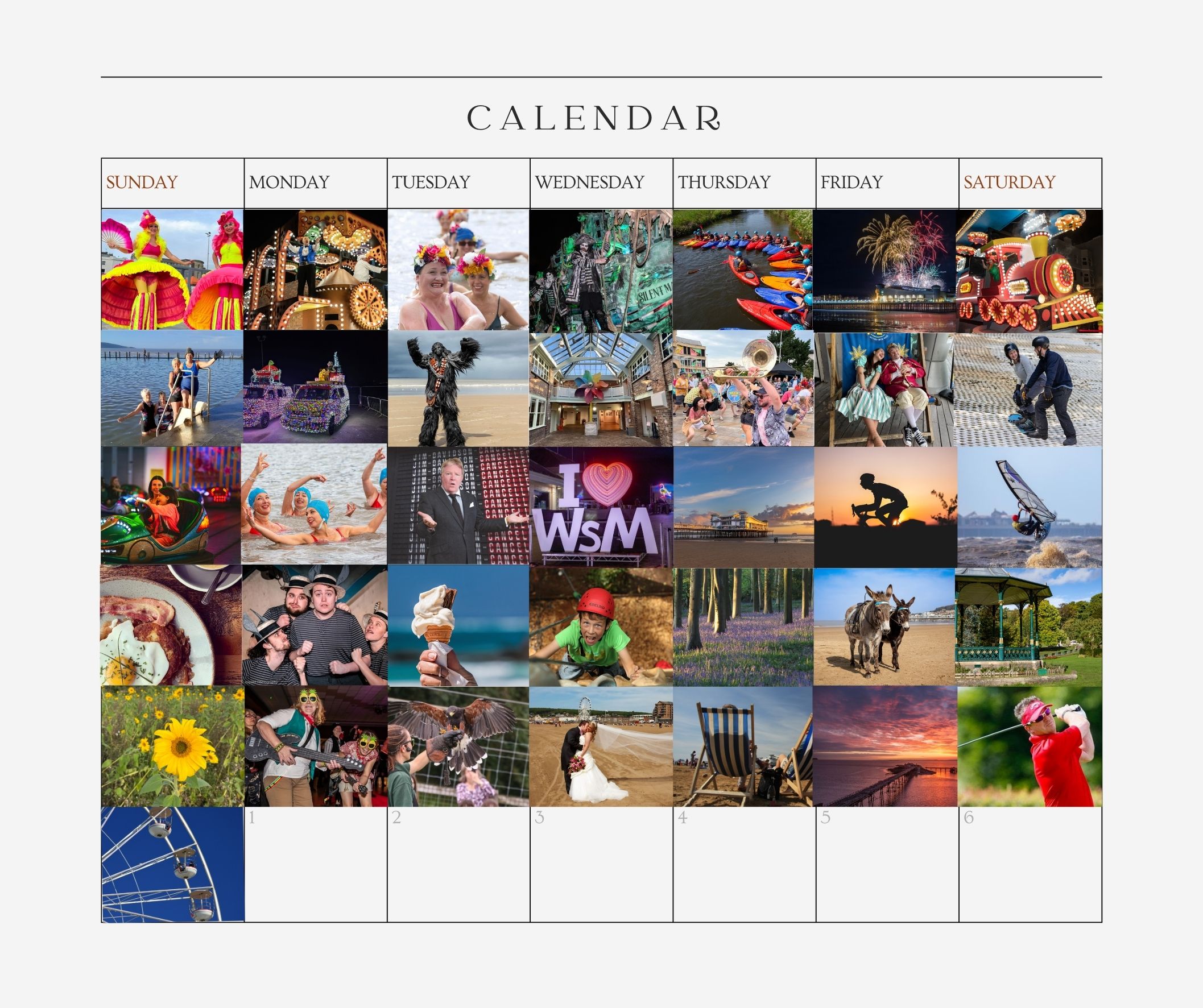 A calendar grid with colour photos in the date squares